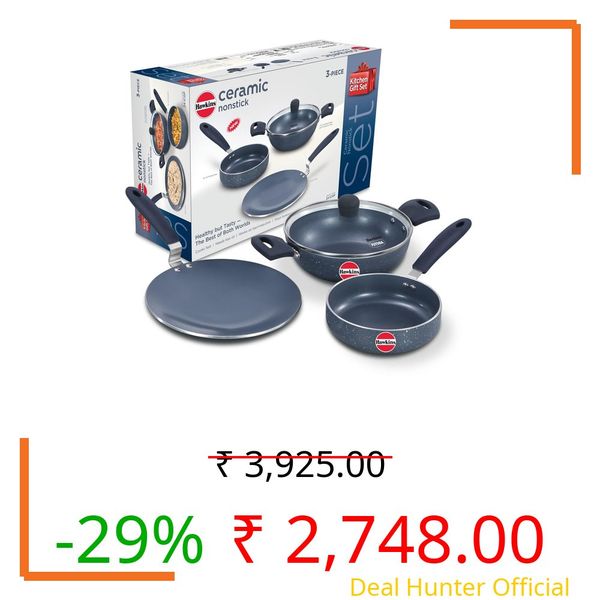 Hawkins Ceramic Nonstick 3-Piece Kitchen Gift Set - 1.75 L Deep Kadhai, 16 cm Frying Pan and 24 cm Tava, Grey (24ICGP)