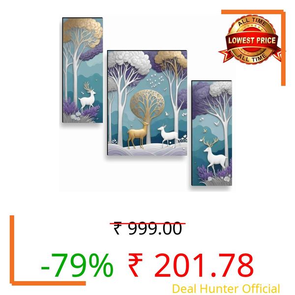 SAF deer Paintings for Wall Decoration - Set Of 3, 3d modern art Painting for Living Room Large Size with Frames for Home Decoration, Hotel, Office painting 50.8 cm x 30.48 cm A-JM-36052