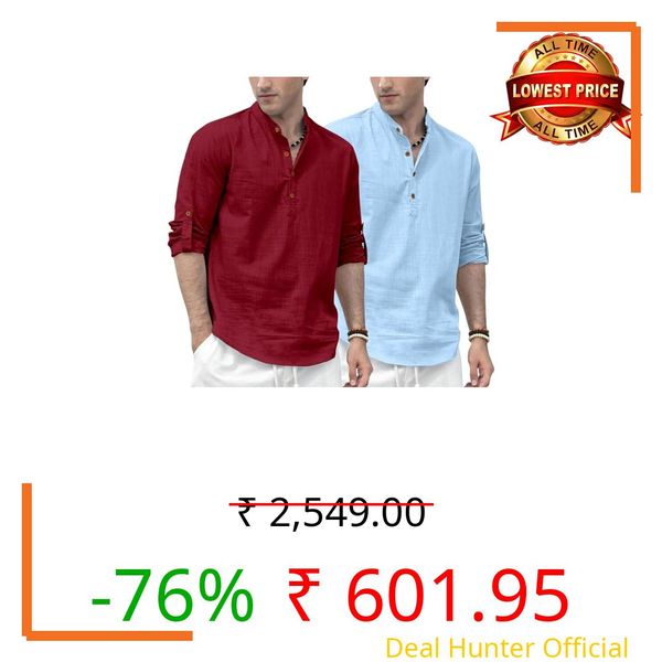 Zombom Combo of Men's Casual Solid Cotton Polyester Blend Full Sleeve Regular Fit Straight Kurta Shirt (Pack of 2)