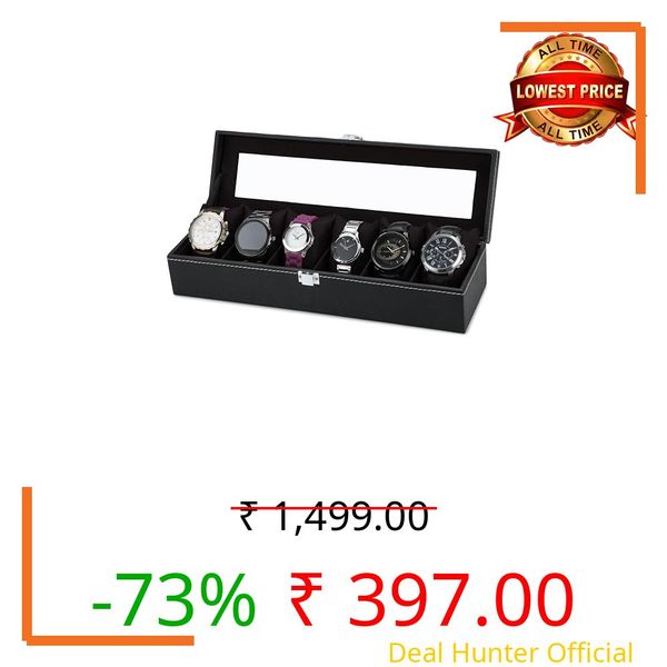 ZENWOOD Men Women 6 Slots Watch case organizer Leatherette Gift Box Black Color Watch case (Black, Holds 6 Watches)