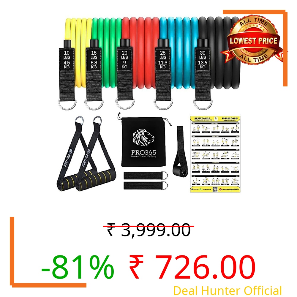 PRO365 Premium Resistance Bands with Door Anchor & Foam Handles, Weight Display Toning Tubes, Carrying Bag and Ankle Straps Included (1 Year Brand Warranty)