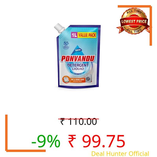 PONVANDU Detergent Liquid 1 Liter Blue Pouch Refill Value Pack | With Real Enzymes | Scrubber Cap for Tough Stain Removal | For Top Load & Front Load Washing Machines | 60 ml for Regular Loads