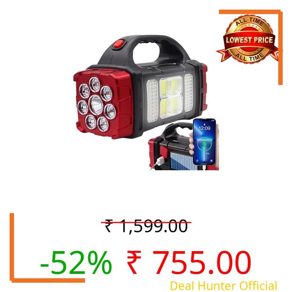 Hetzon Sales Rechargeable Lantern LED Flashlight - 4-in-1 Multi-Functional, USB Charging - Super Bright Spotlight with Solar Panels, 7 Modes, High Lumens (Solar Torch Light)