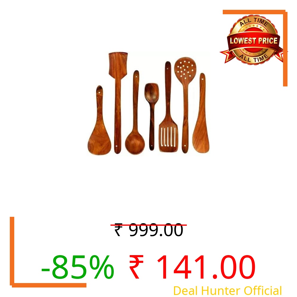 Ace Wood Crafts Handcrafted Wooden Kitchen Utensils Set, 7 Pieces, Durable Teak Wood