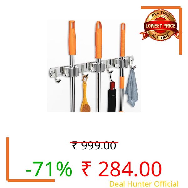 JIALTO Broom Holder | 3 Mop Stand With 4 Hook Broom Stick Holder Wall Mounted | Heavy Duty Broom Holder Wall Mounted Or Tool Organizer For Home Garden Garage And Storage (Silver)