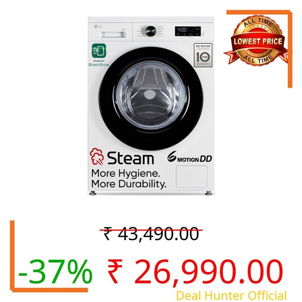 LG 7 Kg 5 Star Steam, Inverter Direct Drive Technology, 6 Motion DD, Fully-Automatic Front Load Washing Machine (FHB1207Z2WB, In-Built Heater, Dial + Full Touch Buttons & LED Display, Essence White)