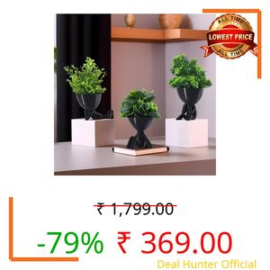 Kuber Industries 3 Pcs Set Plastic Mini Artificial Plants with Pot | Table Top & TV Unit Decorative Items for Living Room | Faux Plants for Home Decor & Office Desk | Man Shape - Black