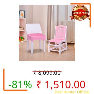 Kuber Industries Collapsible Junior Study Table & Chair Set with Storage for Stationary | Multipurpose Dining Table for Eating & Homework/Reading Desk | Pink & White