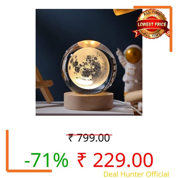 COVACURE 3D Moon Crystal Ball Night Lamp, Crystal Ball Night Light with USB, LED Wooden Base Table Lamp for Bedroom Home Office Decoration Birthday Gift for Boys and Girls (Moon Light Lamp)