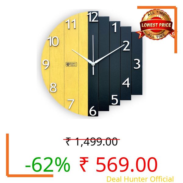MODERN BOIS ART Antique Geometric Design Handmade Wood Analog Wall Clock, Big Size Modern Wall Clock for Home Decor (Black, and Yellow) Dia 33Cm X 33Cm, (MBCL20AA)