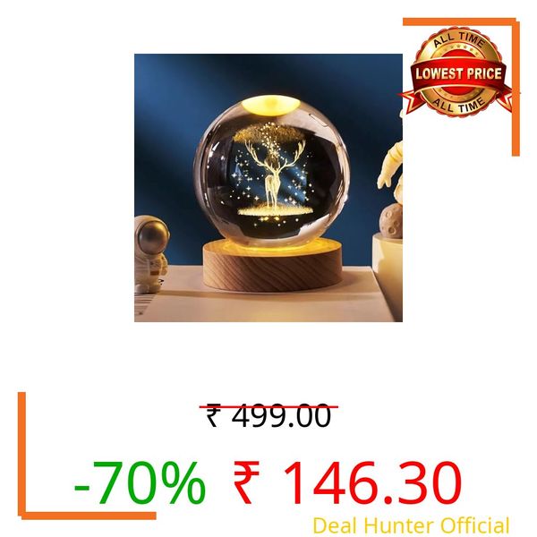 ICHHA HOUSE Crystal Ball Lamp with Wooden LED Base | Engraved 3D Moon & Stars Night Light | USB Rechargeable Home Décor | Birthday Gift for Teens, Boys & Girls (3D Deer Lamp)