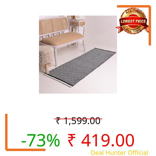 ALSTONIA Handwoven Pure Cotton Multipurpose Reversible Kitchen Mat Combo Set,Floor Runner Rug,Runner,Doormat for Home,Kitchen mat,Kitchen Runner, (Black & White, 1 Runner)