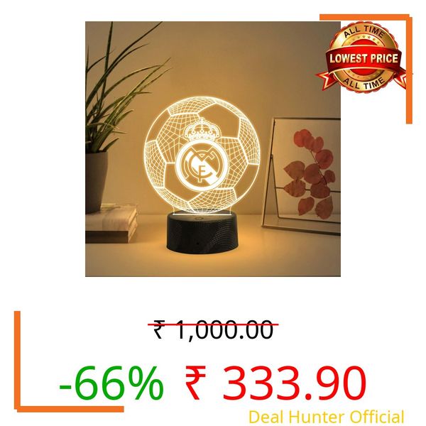 GIFTMEBAZAR 3D Illusion Football Desk Table Lamp Real Madrid Night Lamp | Warm White Light & USB Powered | Bedside Table Lamp | Birthday Gift for Football Player