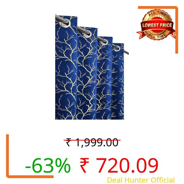 Galaxy Home Decor Premium Foil Leaf Print Velvet Fabric Curtains for Door 7 Feet, Pack of 2, Navy Blue