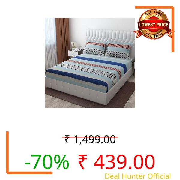CB HOME Glace Cotton Fitted King Size Bedsheet for Double Bed with 2 Pillow Covers 72x78x8'' All Round Elastic (Print 8, Modern & Geometric King)