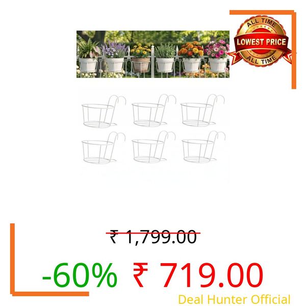 PRIME KRAFTS Anti Rust Metal Hanging Planters for Balcony | Round Flowerpot Holder | Railing Planters, Fence Garden Flowerpot, Gamla, Flower Pots for Home and Garden (White - Pack of 6)