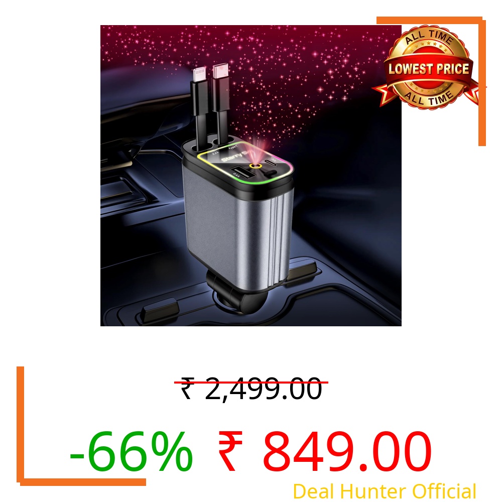 Retractable Car Charger with Starlight, 4 in 1 Car Phone Charger with Ceiling Ambient Light for iPhone 15/14/13/12/11 and Android