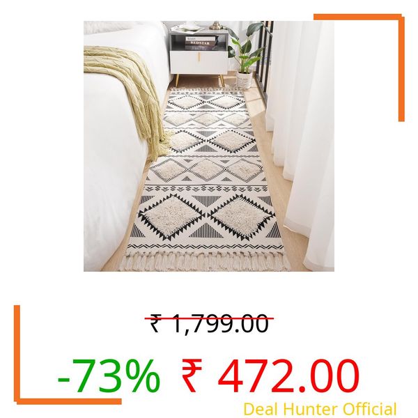 GLOFY Hand Woven 100% Cotton Tufted Bedside Runner, Carpet for Living Room, Bedroom, Office, Guest Room, Kitchen | 2x5 Feet, 60cm x 152cm (Black & Natural White)