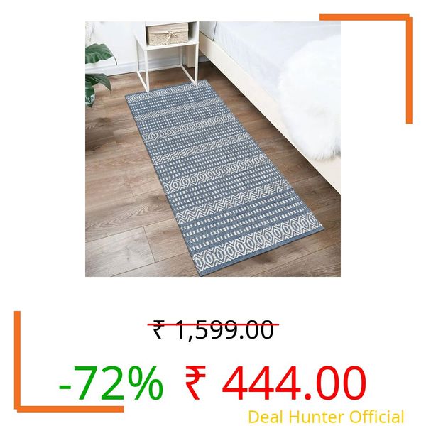GLOFY Hand Woven 100% Natural Cotton Rug Carpet Bed Side Runner for Bedroom, Living Room | 2x5 Feet, 60cm x 152cm (Grey Zig Zag Box)