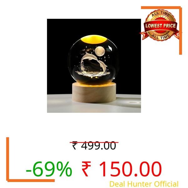 ICHHA HOUSE Crystal Ball Lamp with Wooden LED Base | Engraved 3D Moon & Stars Night Light | USB Rechargeable Home Décor | Birthday Gift for Teens, Boys & Girls (Dolphin Lamp)