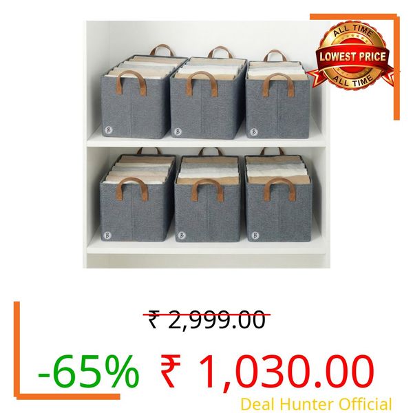 Btag Pack of 6 Storage Baskets (46L x 27W x 19H CM) Non-Woven Foldable Wardrobe Organizer with Metal Frame Rectangle, Storage Box with Handles for Clothes, Books, Toys, Blankets & Closet Use.