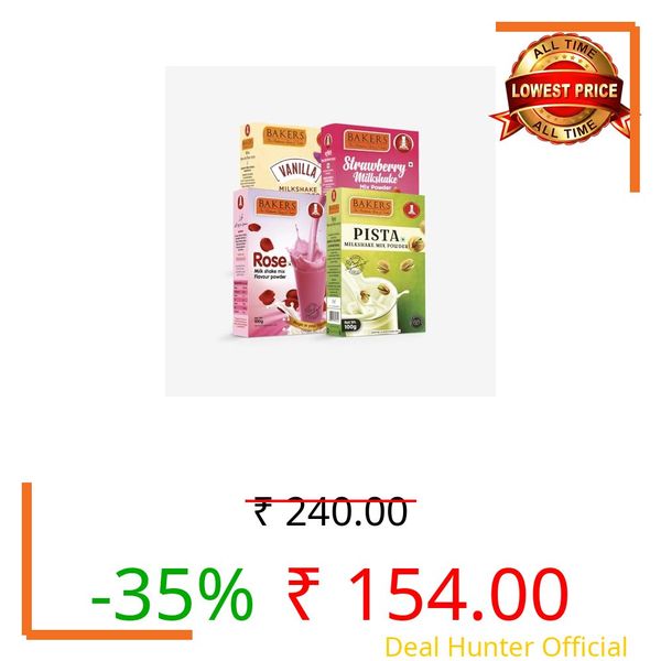 BAKERS Premium Milk Shake Mix Combo (100g x 4, 400g) - Vanilla, Rose, Pista & Strawberry | Instant Thick & Creamy Shake Powder | No Preservatives | Vegetarian | Ready in 30 Seconds