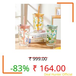 SKDBPM Ice Juice Drinks Glass Can Mug with Straw for Milk/Coffee/Green Tea Cup Set of 1-510ml Transparent Printed Can Shape Cup (Pack of 1) (Meilì Mug)