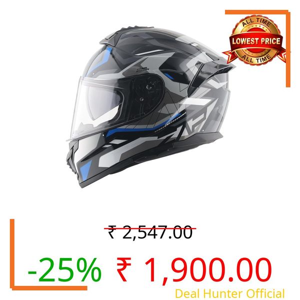 Vega Zap Volt D/V Full Face Motorcycle Helmet with Dual Visor, Shock Absorbing Liner, Comfortable Interior, Lightweight Shell, Aerodynamic Design, and Trendy Black Blue Finish Black Blue-L