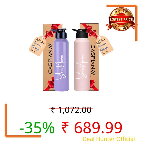 Caspian Hike Customised Stainless Steel Water Bottle 1L, Combo LP & LP with Logo Print - Personalised Water Bottle with Your Name Print for School Office Gym- Perfect for Corporate Gifting (Set of 2)