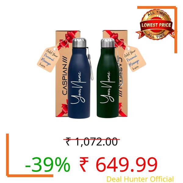 Caspian Bolt Customised Stainless Steel Water Bottle 1L, Combo PB & FG with Logo Print - Personalised Water Bottle with Your Name Print for School Office Gym- Perfect for Corporate Gifting (Set of 2)