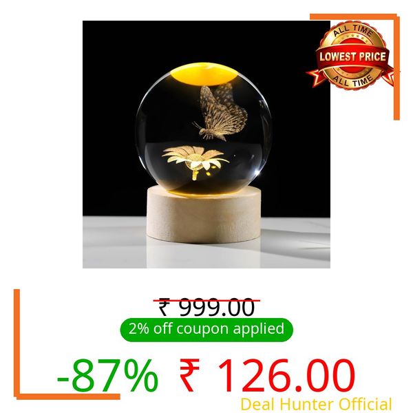 KALQIAD 3D Crystal Ball Night Lamp, USB Table Colorful LED Wooden Base Crystal Ball Study Lamp Home Decorations Gifts for Men,Women,Kids,Boys,Girls,Teens (Flower Butterfly)