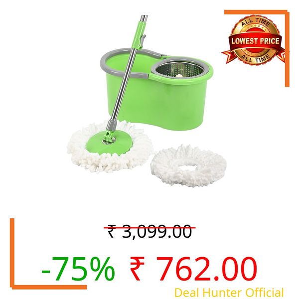 Kuber Industries Plastic Spin Mop with Stainless Steel Wringer | Big Bucket Moppers for Cleaning Floor, 2 Refills | 360° Floor Cleaner Mopping Set for Home & Office | Pocha Stick - (Green)