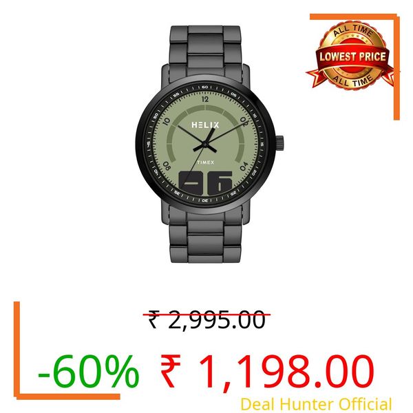 Helix by Timex Analog Watch for Man with Green Round Dial & Black Stainless Steel Bracelet Band Water Resistant Men's Wrist Watches - TW053HG05