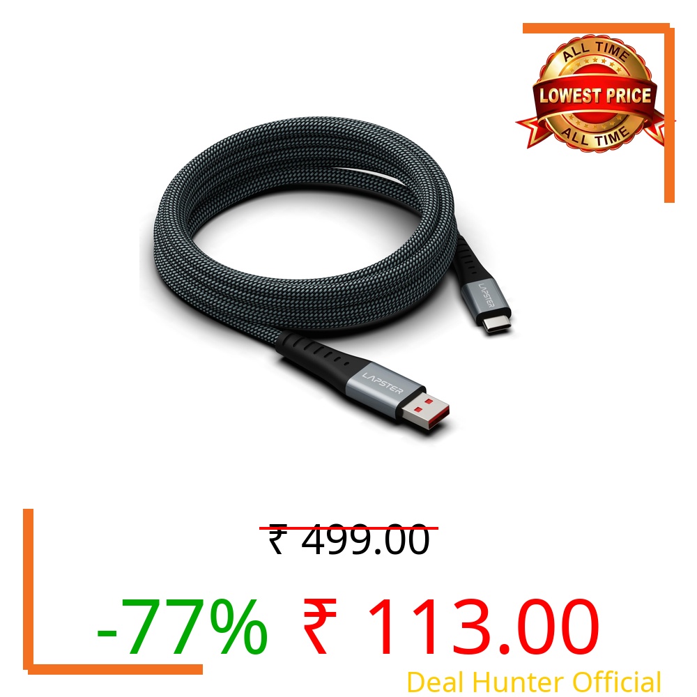 Lapster Rapidzz 3A Fast Charging 1.5m Braided Type C Cable for Smartphones, Tablets & other Type C devices, 480Mbps Data Sync, Quick Charge 3.0 (zebra)