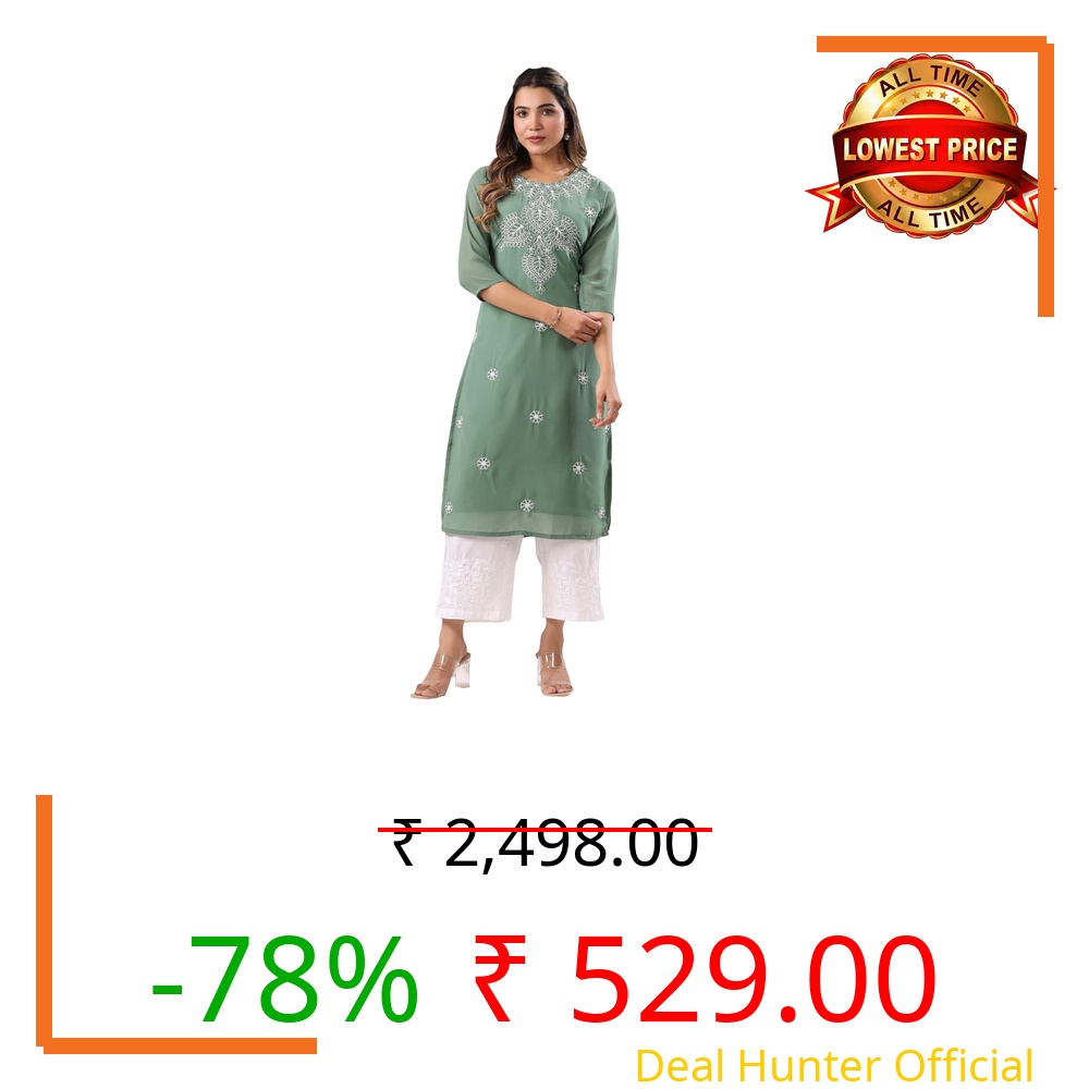 Janasya Women's Sage Green Georgette Embroidered Straight Kurta (JAA25KR01190-XL)
