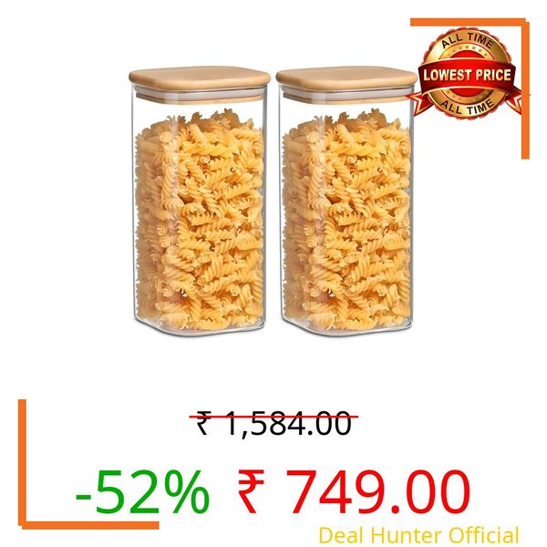 Allo 600ML Kitchen Storage Box Glass Jars With Wooden Lids - Borosilicate Glass Food Storage Containers Airtight Glass Jar For Tea, Coffee, Spice, Pulses, Masala (Square Glass Jar - Set of 2)