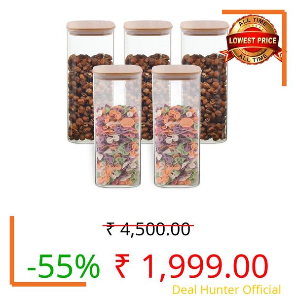 Allo 1000ML Kitchen Storage Box Glass Jars With Wooden Lids - Borosilicate Glass Food Storage Containers Airtight Glass Jar For Tea, Coffee, Spice, Pulses, Masala (Square Glass Jar - Set of 5)