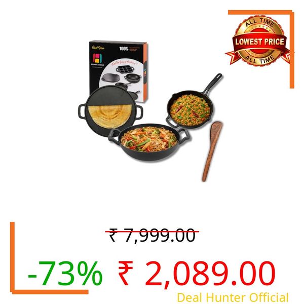 Human Hydro Cast Iron Cookware Set with Free Wooden Spatula - Kadai(23 Cm/9 Inch), Fry Pan(25 cm/10 inch) and Tawa(30 cm/11.8 Inch), Pre-Seasoned, Gas & Induction Friendly Base, Black