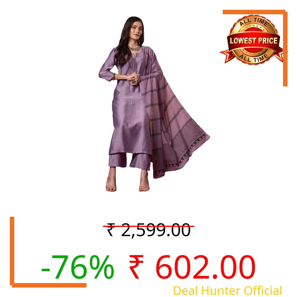 GoSriKi Women's Rayon Viscose Solid Straight Kurta with Pant & Dupatta (Raja Saab Purple-VKS14-GS_4XL_Purple_XXXX-Large)
