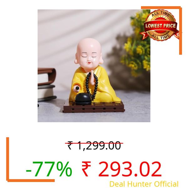 LUKAPLUS® Solar Powered Moving Head and Hand Sitting Gautam Buddha Statue for Living Room | Car Dashboard | Home | Office Desk | Wealth & Prosperity - (8CM) (Yellow)