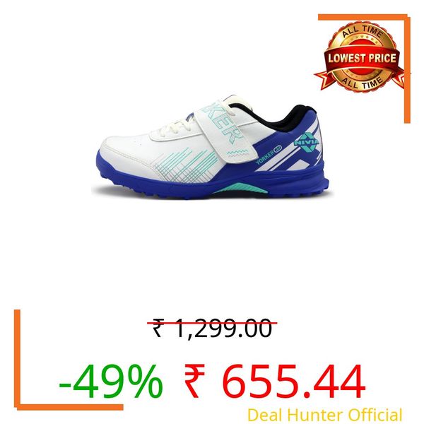 Nivia Yorker 2.0 Cricket Shoes for Men, Synthetic Leather Upper with Velcro Strap, Round Stud PVC Outsole, Die-Cut Soft NR EVA Sockliner (Blue/Green, UK05)