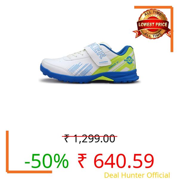 Nivia Yorker 2.0 Cricket Shoes for Men, Synthetic Leather Upper with Velcro Strap, Round Stud PVC Outsole, Die-Cut Soft NR EVA Sockliner (Blue/Lime, UK02)