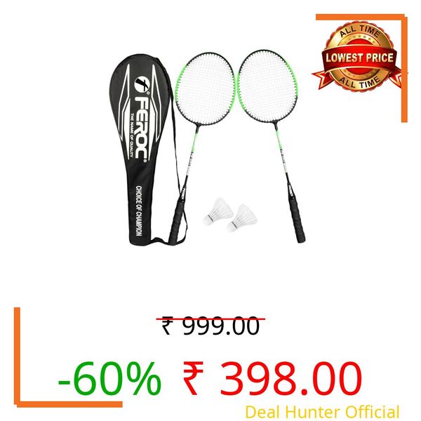 FEROC 2 Pieces Aluminium Badminton Racket with 3 Pieces Feather Shuttles with Full-Cover Set,Aluminum, Multicolor (Green)