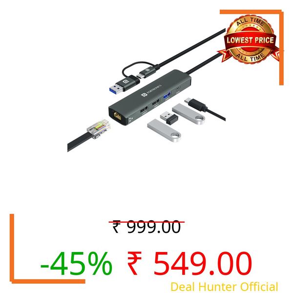 Portronics Mport Edge,5 Ports Dual USB Hub Dock, Superfast USB 3.0, High Speed 2.0, Type-C 5V2A Port, 100 Mbps RJ45 Ethernet, Versatile & High-Speed Connectivity Hub for Laptops & Desktops (Grey)