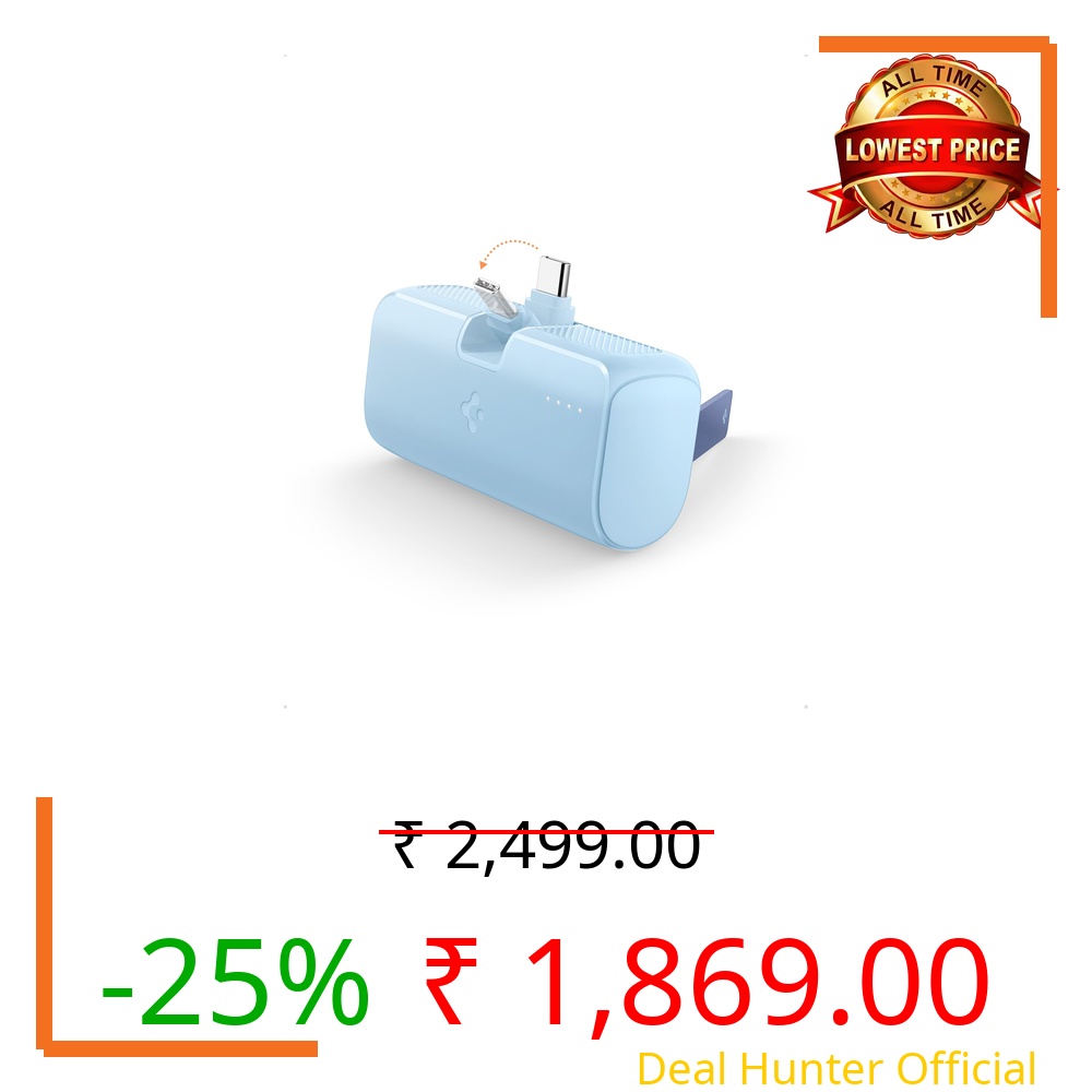 Spigen ArcPack 5000mAh Power Bank with Built-in Foldable Type-C Connector and Stand, 22.5W Fast Charging, 1 USB-C Connector, 1 USB-C Port - (ABS + PC | Cream Blue)