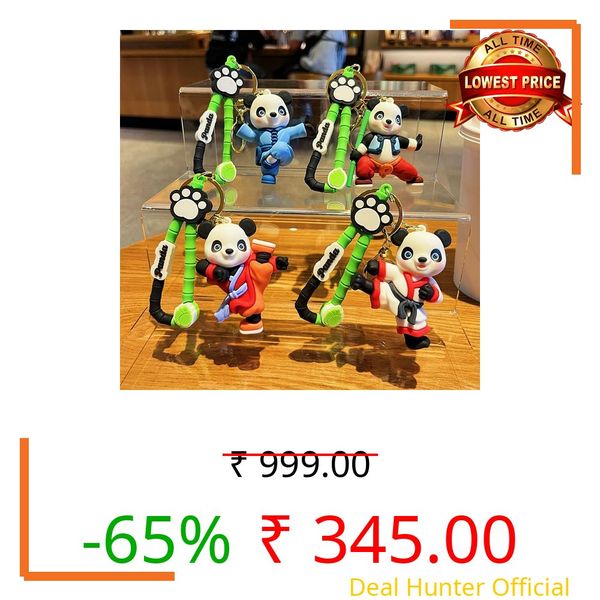 OANGO Creative Cartoon Panda Keychain Set – Cute Soft Rubber Key Chain for Car Keys, Bag Pendant Accessories – 4 PC Set (2 Keychains + 2 Sticky Hooks, Random Colors) (KUNG-FU PANDA KEYCHAIN)