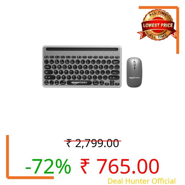 Amazon Basics Wireless Keyboard and Mouse Set with Bluetooth multiconnect, 2.4GHz Receiver,1600 DPI, Smartphone/Tablet Holder, Built in Rechargeable Battery