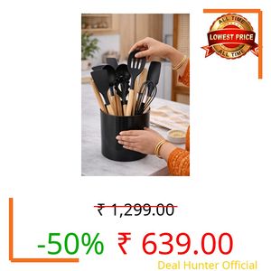 DecorTwist Silicone Spatula Set for Cooking – 12 Piece Kitchen Utensils Set with Wooden Handle | Heat Resistant 230°C | BPA Free, Food Grade, Non-Stick & Dishwasher Safe | Black