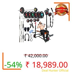 Novian Home Gym Combo | 20-in-1 Bench, 5ft Straight Rod, 3ft Curl Rod, Dumbbell Rods, Hand Gripper, Gym Gloves & Weight Plates ? Complete Workout Set for Home Fitness (50 kg Weight)