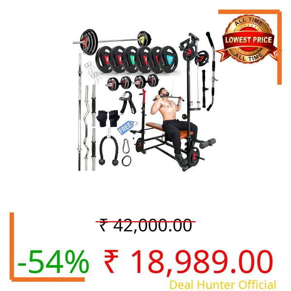 Novian Home Gym Combo | 20-in-1 Bench, 5ft Straight Rod, 3ft Curl Rod, Dumbbell Rods, Hand Gripper, Gym Gloves & Weight Plates ? Complete Workout Set for Home Fitness (50 kg Weight)